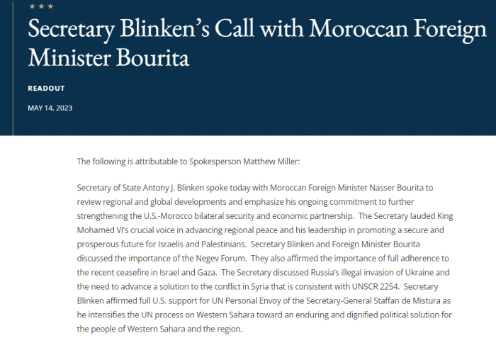 Pleno apoyo de los Estados Unidos al enviado personal del Secretario General de la ONU, Staffan de Mistura, en la intensificación del proceso de la ONU sobre el Sáhara Occidental