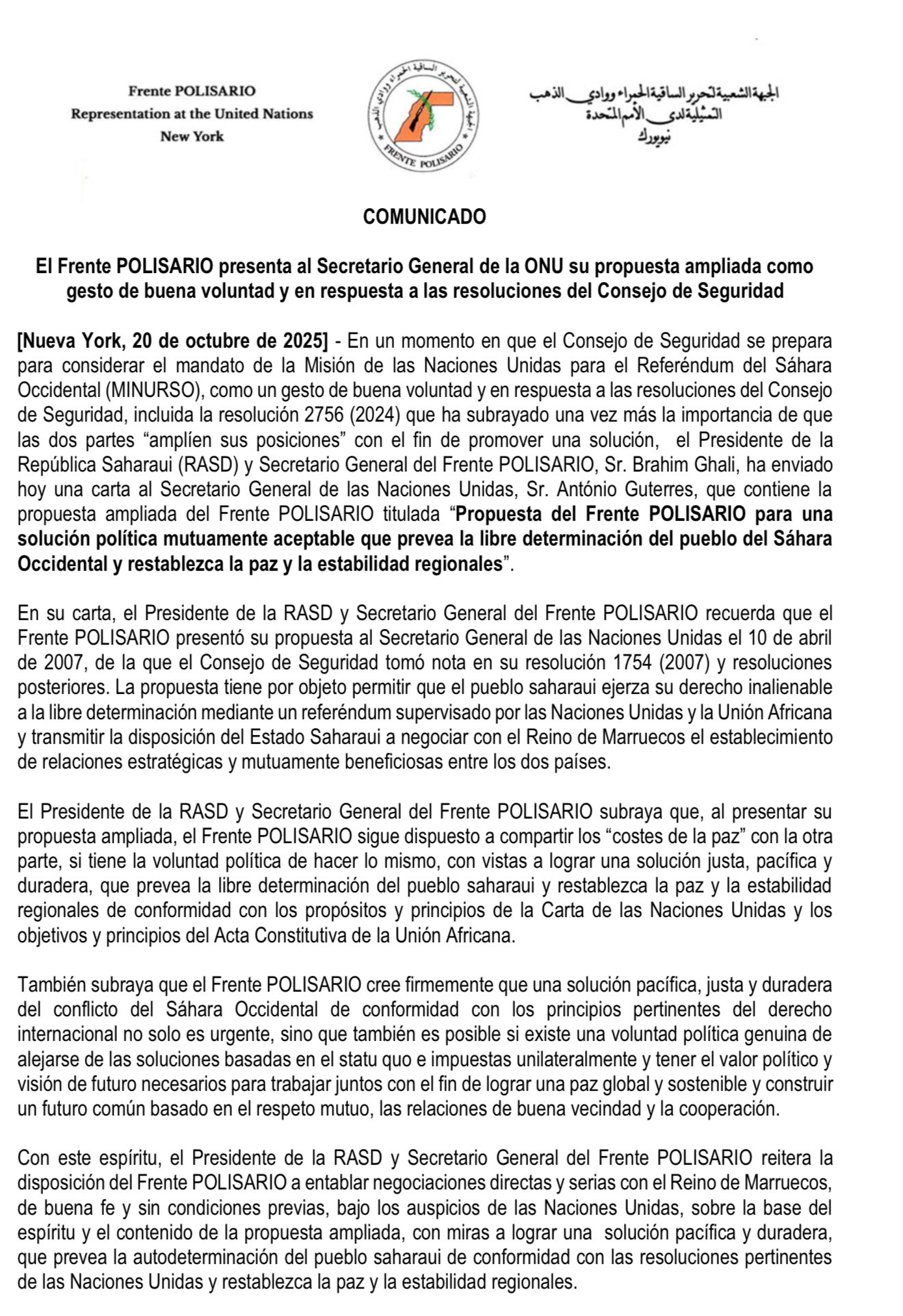 El Frente POLISARIO avanza con una propuesta significativa en busca de una solución pacífica para el Sáhara Occidental.