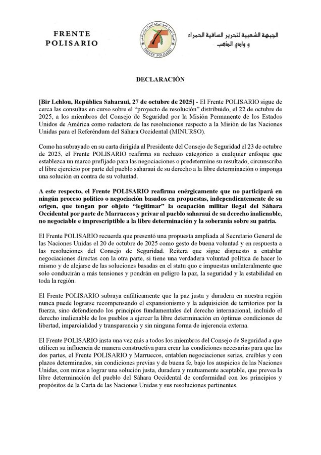 El Frente Polisario rechaza el proyecto de resolución de Estados Unidos sobre MINURSO. Conoce su postura sobre la autodeterminación.